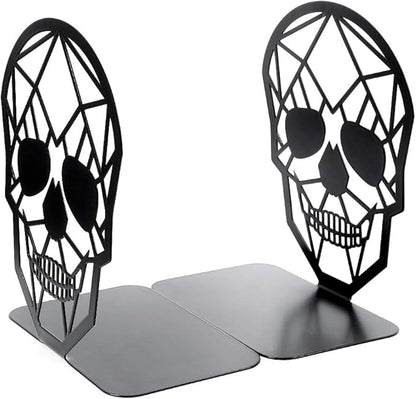 Metal Skull Design Black Bookend - Heavy-Duty Bookends for Shelves, Skull Book Ends for Heavy Books, Book Shelf Holder Home Office Decorative Desktop Organizer (1 Pair)