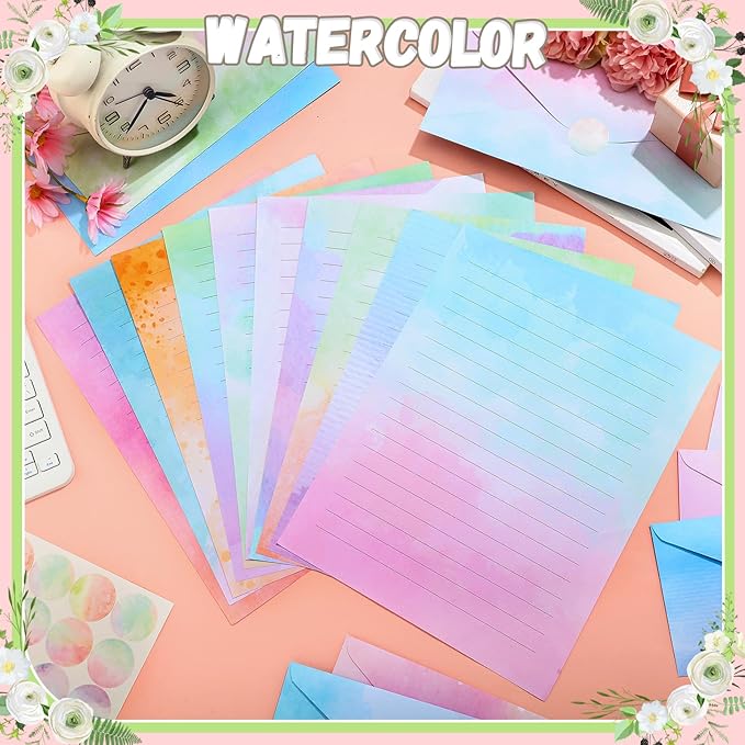 TaoBary 160 Packs Stationery Paper Set (50 Double Sided Stationery Writing Papers 50 Matching Envelopes) 60 Round Dot Sticker, 10 Design(Watercolor,8.5 x 11 Inch)