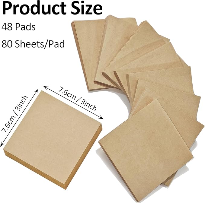 Beieverluck 48 Pack Pop Up Sticky Notes 3X3 Inch Colorful Post Stickies Self Sticky Note Pads for Office, Home, School, Meeting, 80 Sheets/pad, (Kraft)