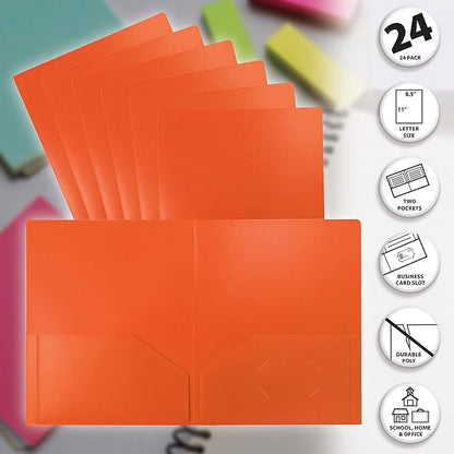 Better Office Products Heavyweight Plastic 2 Pocket Portfolio Folder, Letter Size Poly Folders 24 Pack (Orange)