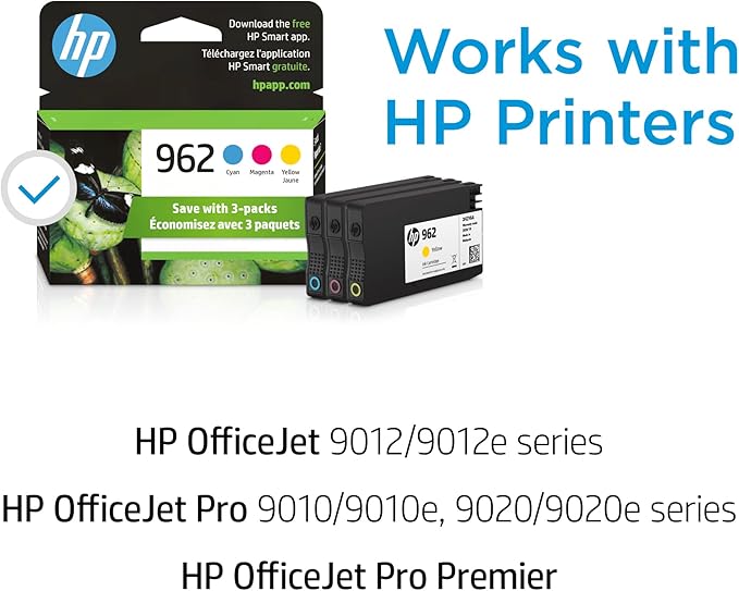 HP 962 Cyan, Magenta, Yellow Ink Cartridges (3-pack) | Works with OfficeJet 9010 Series,OfficeJet Pro 9010, 9020 Series | Eligible for Instant Ink | 3YP00AN