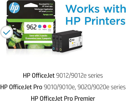 HP 962 Cyan, Magenta, Yellow Ink Cartridges (3-pack) | Works with OfficeJet 9010 Series,OfficeJet Pro 9010, 9020 Series | Eligible for Instant Ink | 3YP00AN