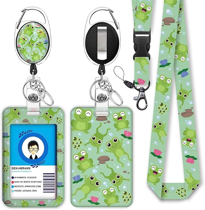 Cute Frog Lanyards for Id Badges, Retractable ID Badge Holder with Detachable Lanyard, Fashionable Badge Reel Heavy Duty with Carabiner Clip, Nurse Teacher Office Gifts