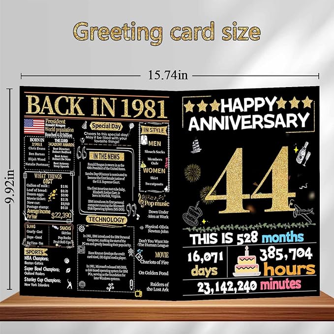 Joycard 44th Anniversary Card for Women Men, Gold Wedding Card for Wife Husband, Sweet Marriage Decorations Gifts for Couple, Perfect for Her Him on Anniversary Day, Back in 1981