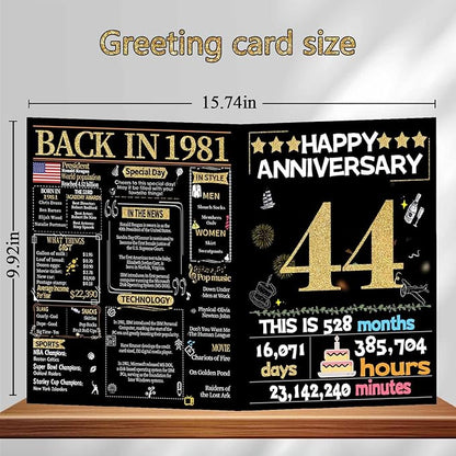 Joycard 44th Anniversary Card for Women Men, Gold Wedding Card for Wife Husband, Sweet Marriage Decorations Gifts for Couple, Perfect for Her Him on Anniversary Day, Back in 1981