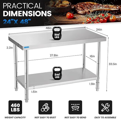 Stainless Steel Table for Prep & Work with Backsplash 24 x 48 Inches NSF Metal Commercial Kitchen Adjustable Under Shelf Worktable for Restaurant Home Outdoor