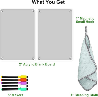 Acrylic Magnetic Dry Erase Board for Fridge Acrylic Clear White Board for Fridge Magnetic Whiteboard for Refrigerator 12"x8"Small Magnet Board 2 Pcs