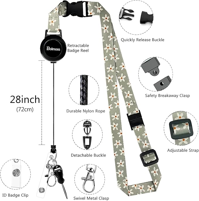 bolimoss Cute Flowers Lanyard for ID Badge Card, Breakaway Neck Lanyards with Retractable Badge Reels Quick-Release Buckles and Adjustable Straps with Leather Card Badge Holders