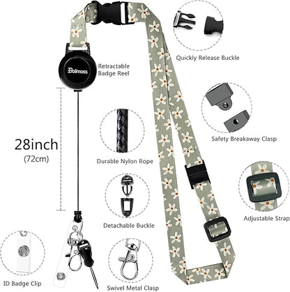 bolimoss Cute Flowers Lanyard for ID Badge Card, Breakaway Neck Lanyards with Retractable Badge Reels Quick-Release Buckles and Adjustable Straps with Leather Card Badge Holders