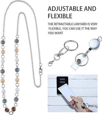 Hicarer 3 Pcs ID Badge Lanyard Necklace with ID Holder Clip Stainless Steel Beaded Chain Retractable Badge Reel Valentine (Chic Style)