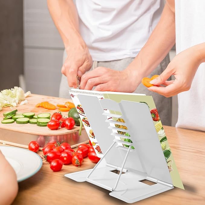 Metal Book Stand - Adjustable Book Holder for Reading (Full White)