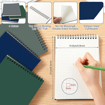 Graph Paper Spiral Notepad A5 Top Wirebound Notepad Grid Notebook Steno Pads Memo Notebook Grid Paper 140 Pages for Writing Sketching Drawing Office Supplies(Dark Color,6 Pack)