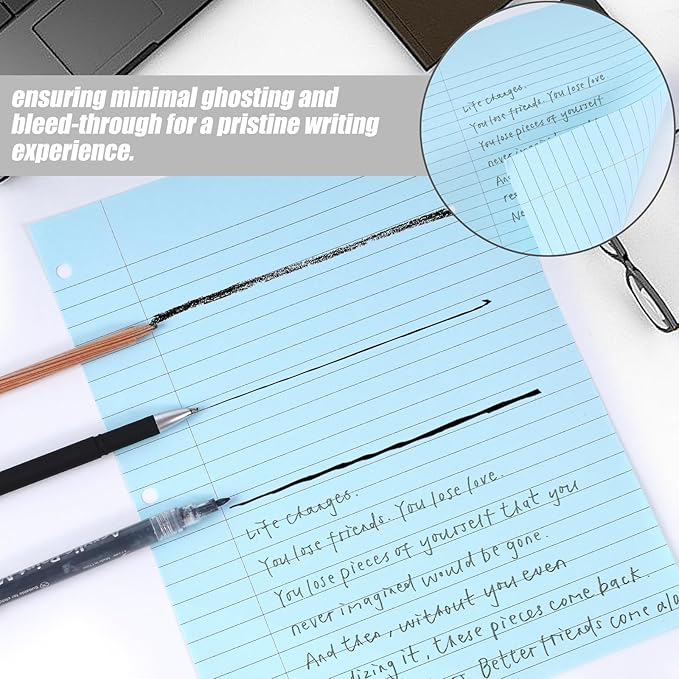 HIBOX 100 Sheets Lined Loose Leaf Paper, 8x10.5inch Blue Wide Ruled Refiller 3 Hole Punched Filler Paper for School Office