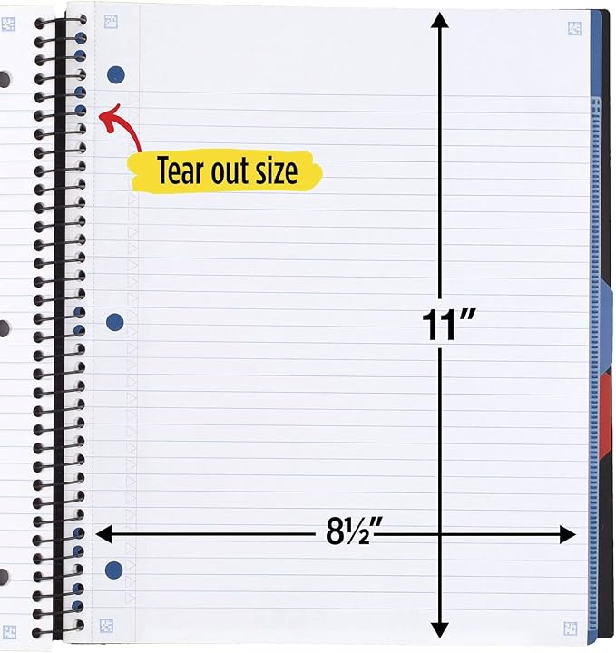 Five Star Advance Spiral Notebook + Study App, 3 Subject, College Ruled Paper, 11" x 8-1/2", 150 Sheets, With Spiral Guard and Movable Dividers, Black, 1 Count (73132)