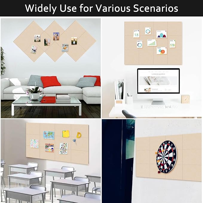 Large Cork Board Alternative for Walls, 47"x35" 12 Pack Felt Wall Tiles Bulletin Board with 30 Push Pins, Sticky Notes, Cork Boards for Office Pin Board Tack Board Felt Boards (Deep Camel)