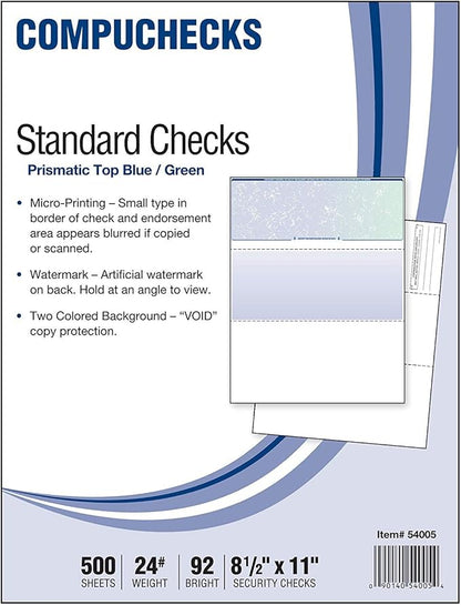 Compuchecks Check on Top Blank Check Paper - 500 Pack, Quick-Books & Laser Printer Compatible - Security Business Checks with Voucher - 8.5" x 11" Blue/Green Prismatic