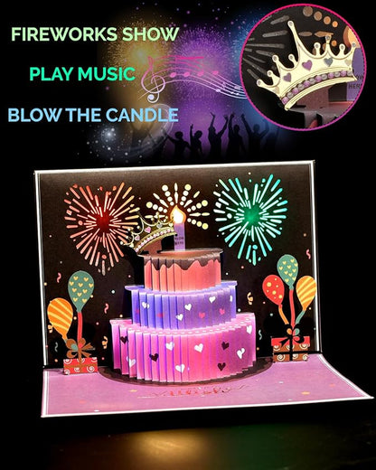 3D Pop-Up Happy Birthday Cards for Women – LED Fireworks & Music with Blow The Candle, Gold Crown, 3D Balloons, Purple & Pink Design - Happy Birthday Card for Mom, Wife or Daugther (8.27" x 5.27")