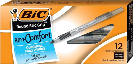 BIC Round Stic® Grip™ Xtra-Comfort Medium Ball Point Pen, Black, 12 Pack