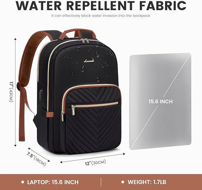 LOVEVOOK Laptop Backpack for Women 15.6 inch,Cute Womens Travel Backpack Purse,Professional Laptop Computer Bag,Waterproof Work Business College Teacher Bag Carry on Backpack with USB Port,Black Brown