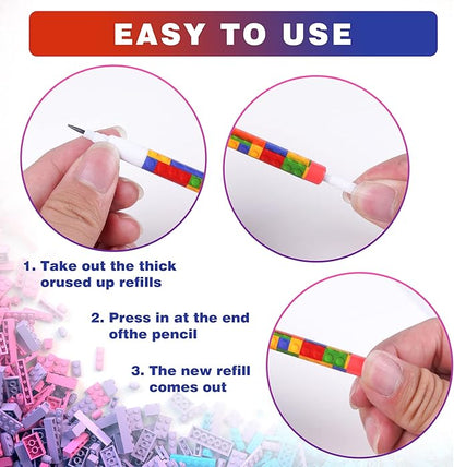 Kolewo4ever 48pcs HB Building Block Pencils Translucent Pencil Multicolor Non Sharpening Pencils Pop Up Plastic Pencils for Exams, School, Office, Sketching Learning Activities