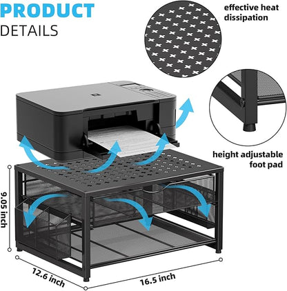 Marbrasse Metal Printer Stand for Desk with Storage Drawer and 2 Pen Holders, 2-Tier Desktop Organizer Printer Table for Home Office, Multi-Purpose Desk Organizer for Fax Machine Scanner Files(Black)