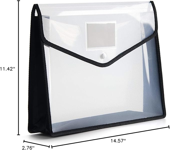 Plastic File Folder Poly Envelope Expanding File Wallet Document Folder with Snap Button Closure, Legal Size, 5 Pack Large Waterproof Accordion File Pouch (Transparent&Black)