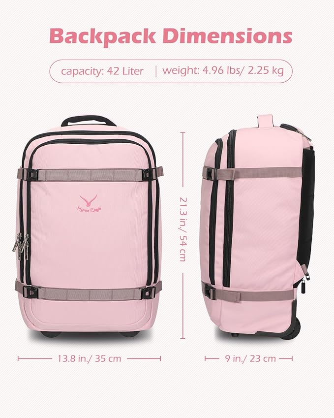 Hynes Eagle Rolling Backpack 42L Backpack with Wheels Airline Approved Carry on Luggage Laptop Travel Backpack for Women Men Pink