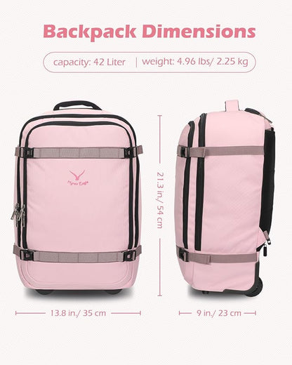 Hynes Eagle Rolling Backpack 42L Backpack with Wheels Airline Approved Carry on Luggage Laptop Travel Backpack for Women Men Pink