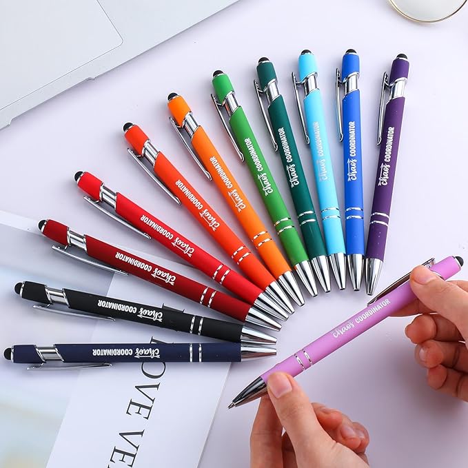 Colarr 12 Pcs Employee Appreciation Pen Ballpoint with Stylus Tip Pen 1.0 mm Black Ink Multicolor Smooth Motivational 2 in 1 Ballpoint Supplies for Coworker Thank You Gift (Chaos Coordinator)