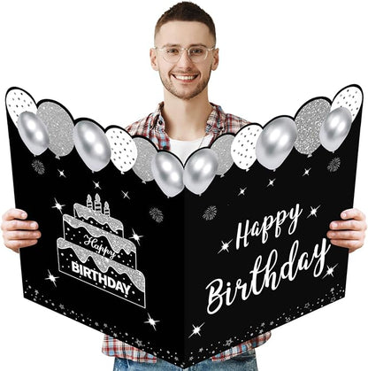 Jumbo Birthday Card with Envelope, Giant Guest Book Happy Birthday Greeting Cards, Large Birthday Card Gifts Party Supplies, Black White Silver Extra Big Birthday Card Decor