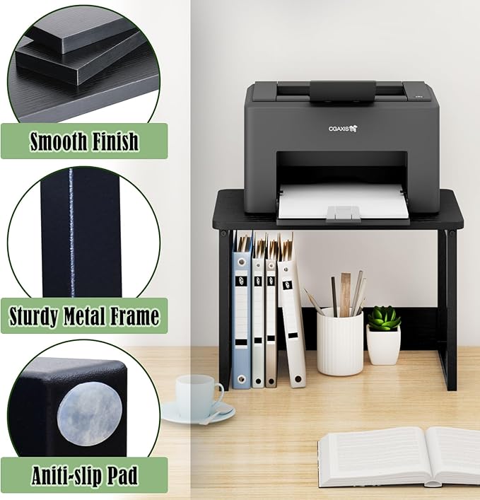 MARTY Printer Stand with Storage for Desk, Desktop Printer Stand Shelf Organzier for Home/Office Heavy Duty Printer Riser Under Desk Small Printer Table for Fax Machine Copier Scanner(Black)