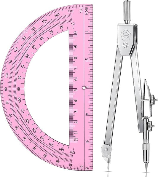 EBOOT Student Geometry Math Set, Drawing Compass and 6 Inch Swing Arm Protractor 180 Degree Math Protractor (Pink)