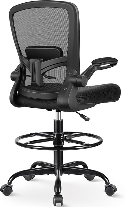 FelixKing Drafting Chair Ergonomic Tall Office Chair, Breathable Mesh Chair with Adjustable Footrest Ring Lumbar Support Flip-up Armrests, High Back Executive Comfy Task Computer Chair for Home Office
