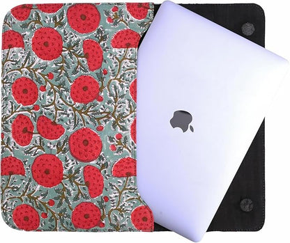 Cotton Hand Block Print Laptop Sleeve Case Bag Compatible with MacBook Air/Pro, 13-13.3 inch Water-Resistant Notebook, Travel Carrying Case Bag Protective Portable Computer Bag, Green
