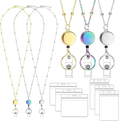 Lanyards for Id Badges 3 Pack Badge Lanyard with 6 Pcs Id Badge Holder Retractable Stainless Steel Teacher Lanyards Cruise Ship Lanyards for Girl Women (Gold, Silver, Bright Blue)