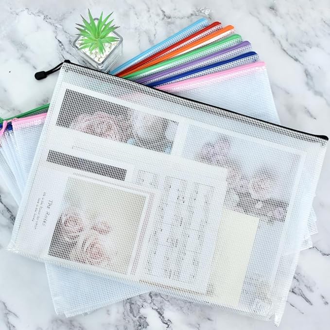 Vuzvuv A3 Size-22pcs 16.9"x 12" Mesh Zipper Pouch Zipper Bags,8 Colors Document File Folders with Label Sticker,Plastic Mesh Bag for File, Makeup, Board Game School Office Home Travel Storage