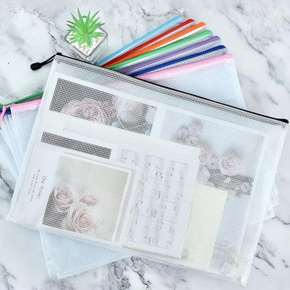 Vuzvuv A3 Size-22pcs 16.9"x 12" Mesh Zipper Pouch Zipper Bags,8 Colors Document File Folders with Label Sticker,Plastic Mesh Bag for File, Makeup, Board Game School Office Home Travel Storage