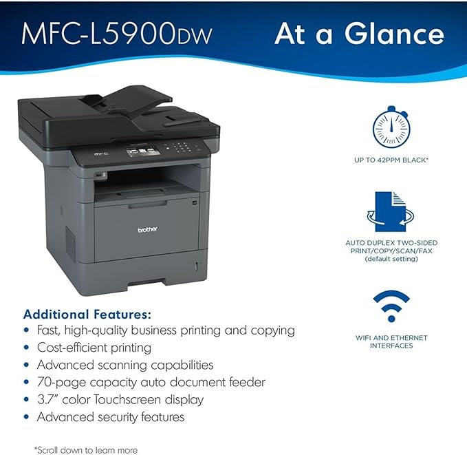 Brother Monochrome Laser Printer, Multifunction Printer, All-in-One Printer, MFC-L5900DW, Wireless Networking, Mobile Printing & Scanning, Duplex Print, Copy & Scan, Amazon Dash Replenishment Ready