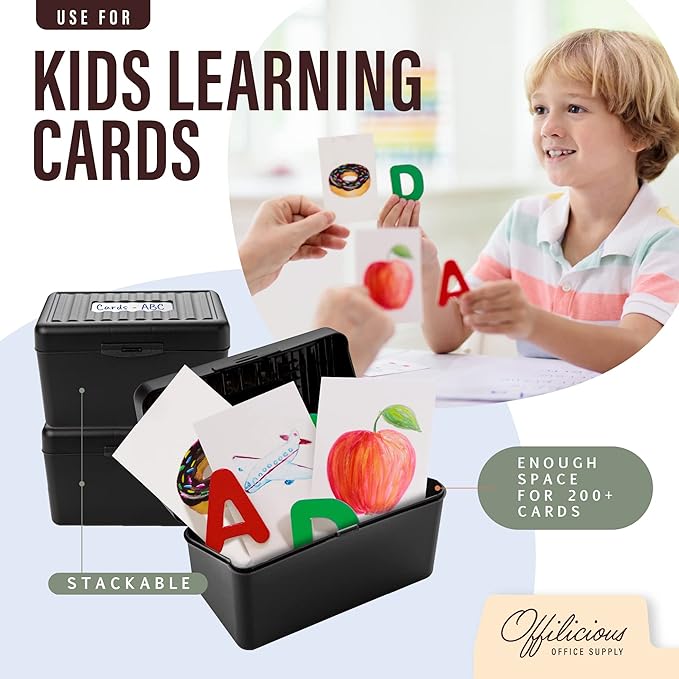 Black Index Card Holder 4x6 - Index Card Box With Index Card Dividers, Ruled Cards & Stickers - Index Card Organizer, Recipe Card Box - Flash Card Holder Box