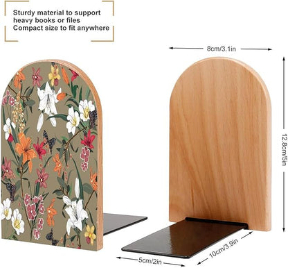 2 Pack Wood Bookends, Spring Floral Flowers Butterfly Non-Skid Book Ends for Heave Books, Decorative Bookends for Shelves Desk, Book Stoppers Book Holders for Home Office Library School