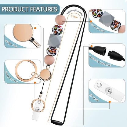 Retractable Lanyards for ID Badges and Keys, Cute Breakaway Teacher Lanyard with Badge Holders and Reels, Silicone Beaded Lanyard for Women, Nurses, Office with 2 Waterproof Card Holders