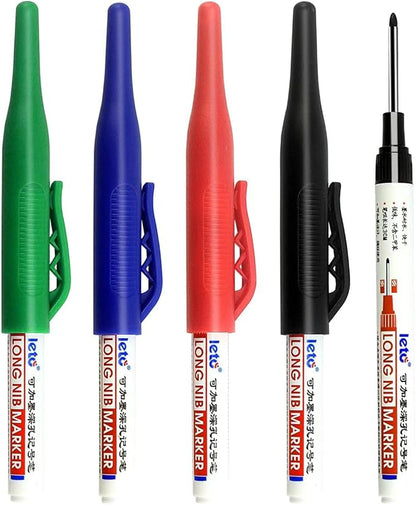 Long Head Deep Hole Marker Pens, 2024 Upgrade, Permanent, Quick-dry, Waterproof Long Nib, Colorful Carpenter Deep Reach Markers, 4 Color Set, Black/red/green/blue