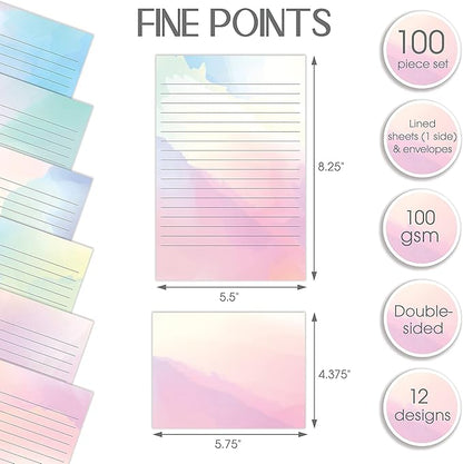 Better Office Products Mini Stationery Set, 100 Piece Set (50 Lined Watercolor Sheets + 50 Matching Envelopes), 5.5 x 8.25 inch, 12 Unique Designs, Double Sided Printing, One Side Lined Paper,