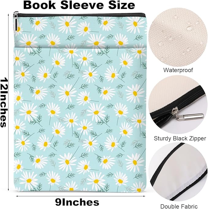 Daisy Pattern Book Lovers Gifts Waterproof Book Sleeve Book Pouch Book Protector with Zipper and Front Pocket BookCover Case for Women Girl Readers Librarian Book Accessories Book Club Gifts