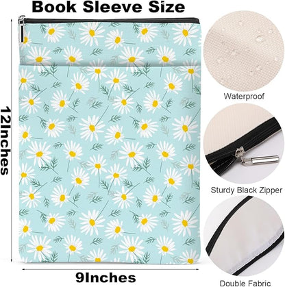 Daisy Pattern Book Lovers Gifts Waterproof Book Sleeve Book Pouch Book Protector with Zipper and Front Pocket BookCover Case for Women Girl Readers Librarian Book Accessories Book Club Gifts