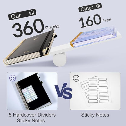 Yoment Leather Spiral Notebooks for Work 5 Subject Notebook College Ruled with Dividers 360 Pages B5 Hardcover Lined Journals for Women Men Writing B5 Size, Black