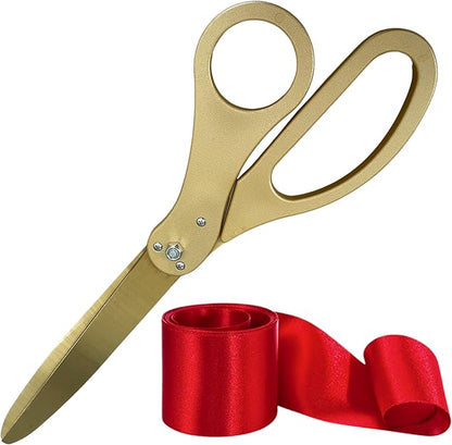 New Edition Grand Opening Kit – 25'' Scissors Gold with Golden Blades for Ribbon Cutting Ceremony with Red Ribbon Heavy Duty Golden Scissors