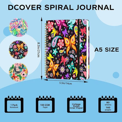 Spiral Notebook - A5 Spiral Notebooks, 8.3'' × 5.8'', 160 Pages, Aesthetic Journaling Notebooks for Women, College Lined Notebook with Elastic Closure, Back Pocket, for School Office, Butterfly