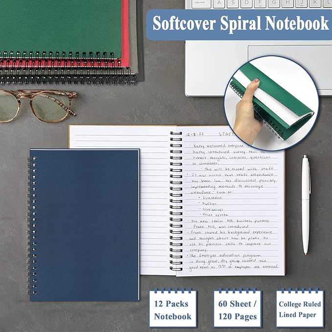 GINMLYDA 12Pack Small Spiral Notebook A5, 8.25x5.5” 120 Lined Pages Wide Ruled Spiral Journal Bulk Blank Kraft Cover Spiral Bound Notebook & Writing Pads for Home Office Meeting Work Note Taking