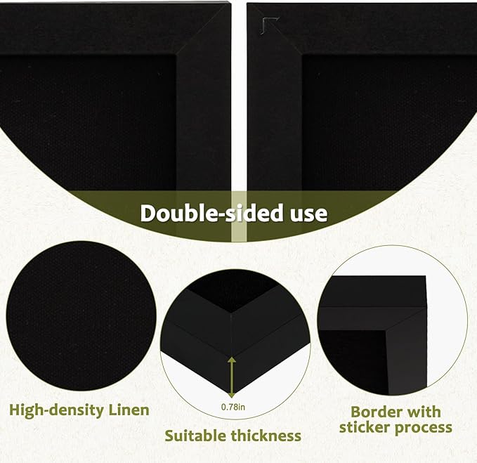 Double-Sided Black Cork Board with Linen, 16" x 12" Hanging Wood Framed Small Bulletin Board, Picture Display Vision Board Kit Corkboards for Wall Room School Office Decor, 20 Pushpins